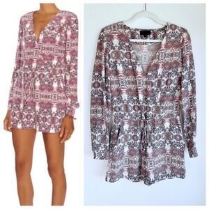 Intermix Mccourty 100% Silk Long Sleeve Faux Wrap Romper in Red Paisley Size XS